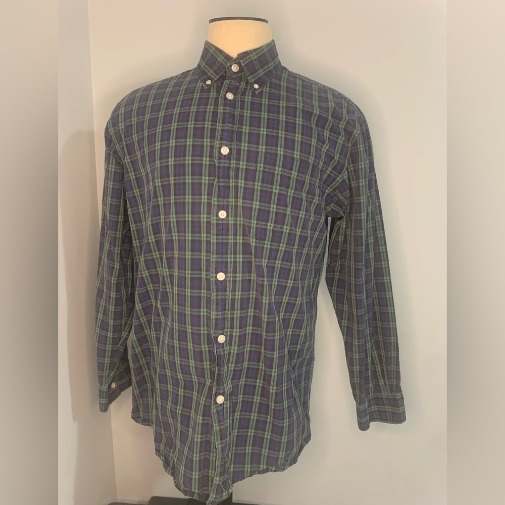 Orvis Shirt Surfwashed Men's Large Blue Green Plaid Long Sleeve Button Up